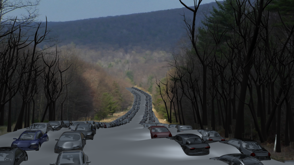 A podcast about movie making and the scifi featurette, Daughter of God, with Director Shri Fugi Spilt, (Dan Kelly). What's the Mission? A test render of Jonathan's 3D car models on the abandoned PA turnpike.